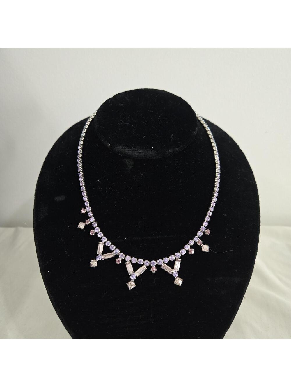Vintage Sherman Lavender Pink Rhinestone Necklace Purple Dangle Choker Vintage